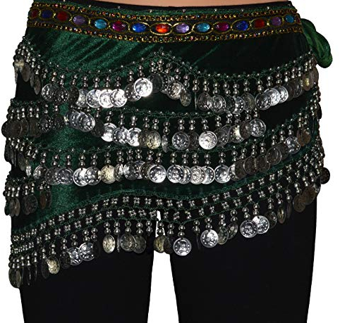 Tanzbekleidung & Accessories Bauchtanz Münzgürtel Samt Hüfttuch Belly Dance Bauchtanzgürtel Karneval Münzen (Dunkelgrün mit silbernen Münzen)