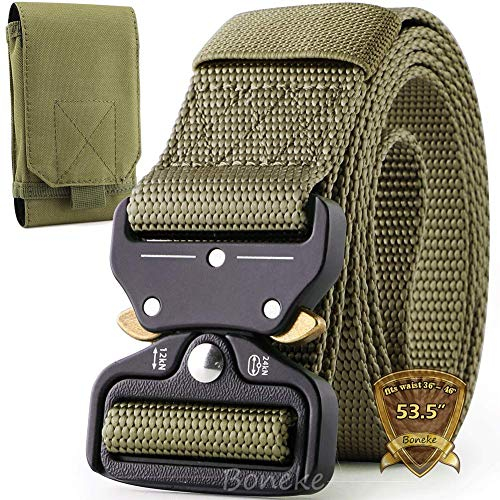 Boneke Taktischer Gürtel, Militär Gürtel mit Schnellverschluss Metallschnalle, 53.5”(136cm) Große Größe Hochleistungs gürtel für Outdoor Sport und Arbeiter (Grün+ Taillentasche)