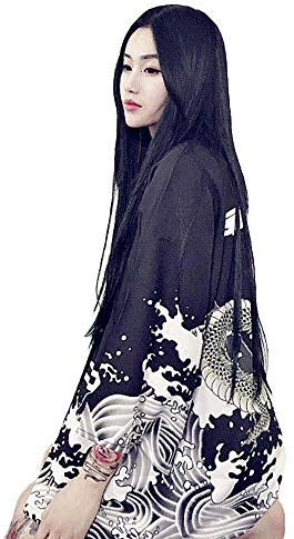 G-LIKE Japanische Kimonos Damen Kleiung - Traditionell Haori Kostüm Robe Tokio Harajuku Drachen Muster Antik Jacke Nachthemd Bademantel Nachtwäsche (Schwarz)