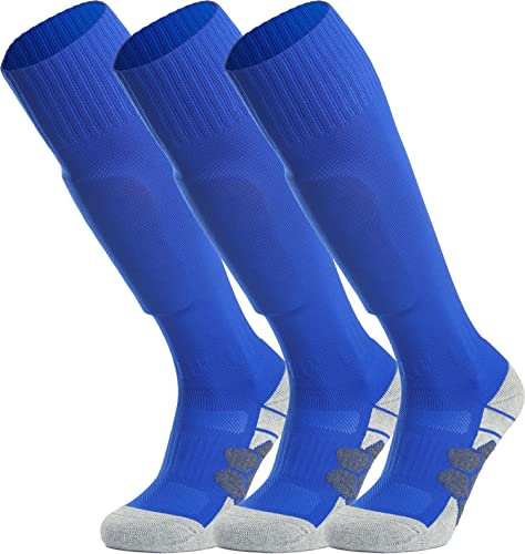 APTESOL Knielang Fußballsocken Kinder Jugend Erwachsene Lang Sportsocken Kissen Atmungsaktiv Soccer Trainingssocke (3-Paar Blau-A, EU 40-44)