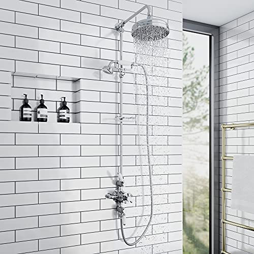 ENKI, Downton, SH0180, Shower Set with 2 Showerhead Outlets & Telephone Style Cradle, Triple Thermostatic Shower Valve, Chrome Shower Tap for Bathrooms Showers