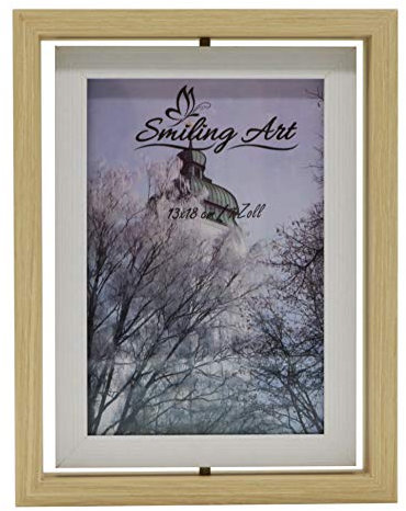 Smiling Art drehbarer Bilderrahmen, Doppelrahmen für 2 Fotos aus MDF Holz mit Glas in Querformat und Hochformat zum Aufstellen (Beige+Weiß, 13x18 cm)