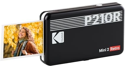 KODAK Mini Retro 2 P210 - Mini Imprimante Connectée, Photo format Carte de Crédit 5,3 x 8,6 cm - 2,1 x 3,4'', Bluetooth, Batterie Lithium, Sublimation Thermique 4Pass, 8 photos incluses – Noir