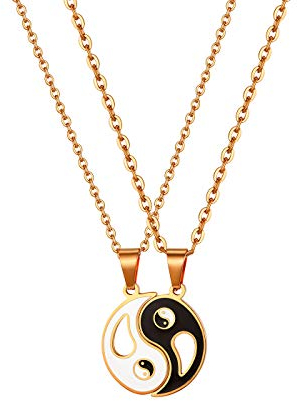 JewelryWe Schmuck 2pcs Pärchen Halskette Edelstahl Tai Chi Yin und Yang Anhänger Paar Kette Puzzle Freundschaftskette Partnerkette für Herren Damen, Rosegold Schwarz