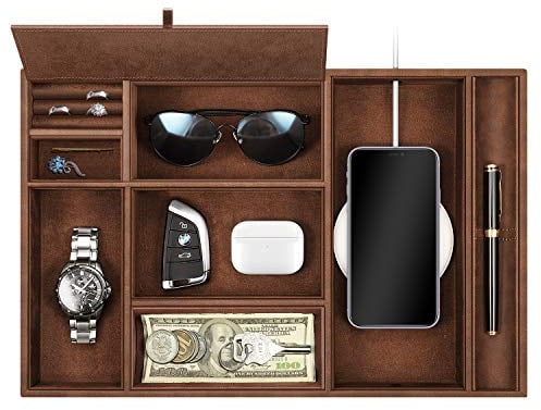 SITHON Taschenleerer Tisch Organizer, 8 Fäche Tablett Organizer Ablage Aufbewahrungsbox Kunstleder Nachttisch Kosmetiktablett Nachttisch Münzbox Schlüssel Schmuck Organizer, (Braun)