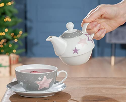 GILDE Tea for one Sternenhimmel weiß/grau/rosa Teekanne mit Deckel, Tasse und Untertasse 49751