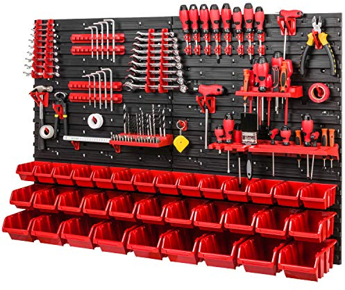 Werkzeugwand Stapelboxen 1152 x 780 mm - Lagersystem SET Werkzeughaltern und 34 Stück Box - Wandregal Werkstattregal Lochwand Schüttenregal Sichtlagerkästen, Rot