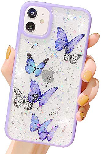iPhone 11 Case Glitter Butterfly Sparkle Case for Women Girls,Cute Slim Soft Silicone Gel Bling Phone Case Cover Compatible for Apple iPhone 11 - Purple Butterfly