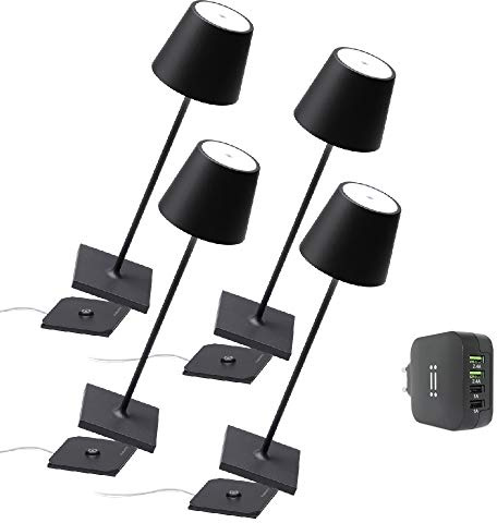 [Amazon Exclusive] Zafferano Kit 4x Poldina Pro Lim Auflage Kabellose LED-Tischlampe Wiederaufladbar Touch-Dimmer - IP65 Innen/Außeneinsatz, Aluminium, H38cm mit Mehrfach-USB-Ladegerät - Schwarz