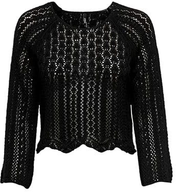 Seulement Femmes Élégant Pull en Tricot 3/4 Manches Courtes Tricot Pointelle Extensible Sweater ONLNOLA, Couleurs:Noir, Taille:M
