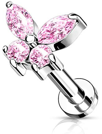 BlackAmazement Labret Monroe en acier inoxydable 316L - Tragus - Helix - Papillon - 6 mm - 8 mm - Zircon cubique rose - Bleu - Arc-en-ciel - Or rose - Argent - Pour femme, Acier inoxydable, Zircon