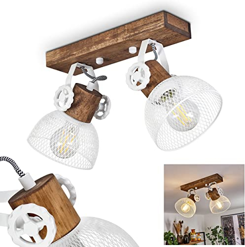 Deckenleuchte Orny, Deckenlampe im Vintage-Design aus Holz/Metall in Braun/Weiß m. Schirmen in Gitter-Optik, Leuchte m. Holzbalken, Textilkabeln u. verstellbaren Strahlern, 2 x E27, ohne Leuchtmittel