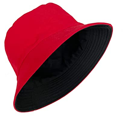 PFFY Fischerhut für Damen und Herren, Baumwolle, Sommer, Sonne, Strand, Angeln, Schwarz/Rot (wendbar), Einheitsgröße