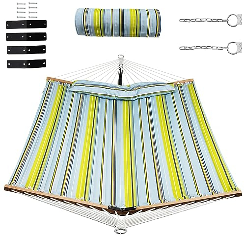 DREAMADE Outdoor Hängematte mit Kissen, Hängeliege 191x141cm, Single Swing Bed, Stabhängematte für 1 Personen, bis zu 150KG belastbar, für Hinterhof, Terrasse, Balkon (Gelb+Hellblau)