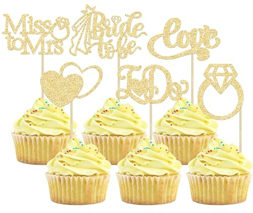Gyufise 24Pcs Bride to Be Cupcake Toppers Gold Glitter I Do Love Heart Ring Miss To Mrs Cupcake Picks Bridal Shower Cake Decorations for Wedding Engagement Bachelorette Party Supplies