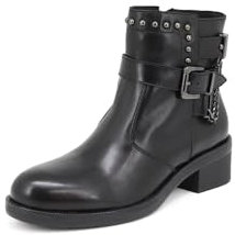 QUEEN HELENA Stivaletti di Pelle con Tacco Stivali Bassi con Fibbia Casual Donna S269 (Nero, numeric_36)