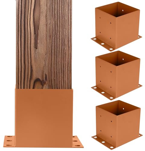 Iron Forge Tools 6x6 Post Base for Concrete, 4 Pack 5.6 x 5.6, Brown Powder Coated Heavy Duty Steel Fence Post Anchors for Wood Deck, Fence, Porch, Railing or Pergola Brackets