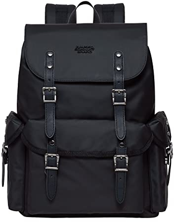 KAUKKO Leder Groß Rucksack Damen Herren, Vintage Wanderrucksack mit 14 Zoll Laptopfach für Arbeit, Ausflüge, Uni, 23L, Schwarz-FP703