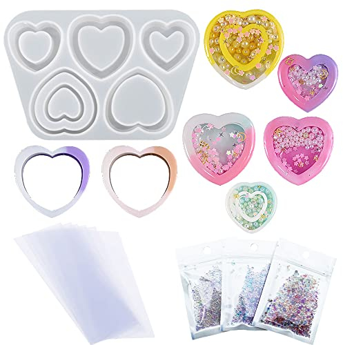 Yayatty Shaker Resina Molde de Silicona Corazon Resin Shaker Mold Silicone Molds Quicksand Casting Molds Epoxy Resin Mold con PVC Hoja, Cuentas de Colores para DIY Manualidades