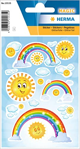 HERMA 15535 Aufkleber Regenbogen Glitzer klein groß, 15 Stück, Sommer Sticker mit Sonne Wolken Rainbow Motiv, Kinder Etiketten für Fotoalbum Tagebuch Poesiealbum Scrapbooking Geburtstag Deko Briefe