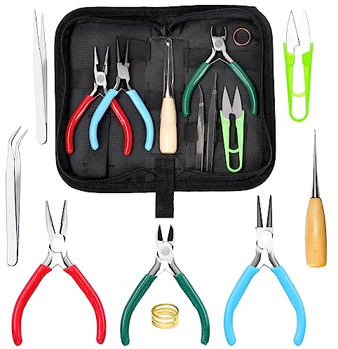 Swpeet Mini Jewelry Making Tools 9Pcs 4.5Inch Schmuck machen Sortimente Kit, 3 Arten Schmuck Zange Nadelzange Runde Nase Zange Drahtschneider, mit Ahle, Pinzette, Fingerhut Ring