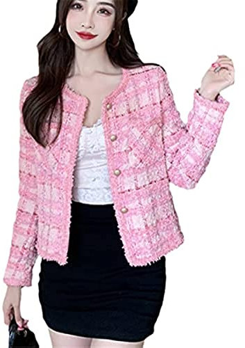 Veste en Tweed de Chambray pour Femme Veste en Tweed de Style Chambray Manteau Court français Vintage Manteau Slim à Carreaux pour Femme (Rose,S)