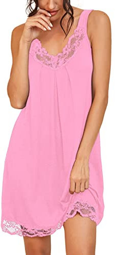 PrinStory Nuisette ample en dentelle pour femme, chemise de nuit en jersey de coton, lingerie, rose, M