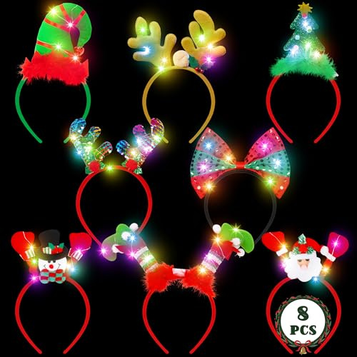 HOVACY 8 PCS Light Up Christmas Headband, LED Lights Christmas Head Topper, Santa Hat Reindeer Antler Tree Leprechaun Hat Bow Headpieces Bulk for Adults Xmas Holiday Party Favors Photo Supplies