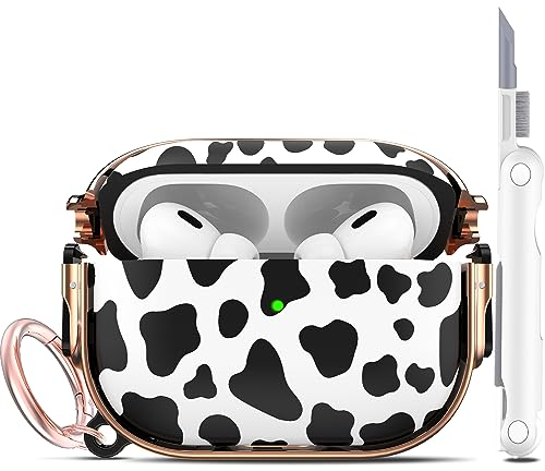 R-fun Schutzhülle kompatibel mit Airpods Pro (2023/2022/2019, 2./1. Gen), (USB-C/Lightning-Kabel), mit Reinigungsset, Blumendruck und Hartschale Ganzkörperschutz mit Schlüsselanhänger,Kuhdruck
