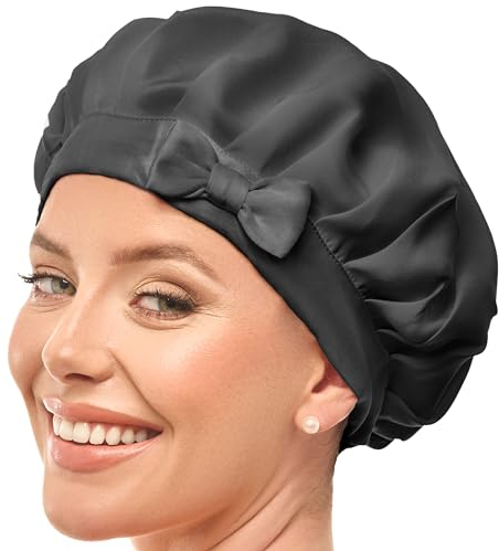 Seidenhaube – Schlafhaube aus 100% Maulbeerseide, atmungsaktive und anpassbare Schlafmütze, rutschfeste seidene Haarhaube, Nachtmütze für lockiges Haar mit elastischem Band (Schwarz)