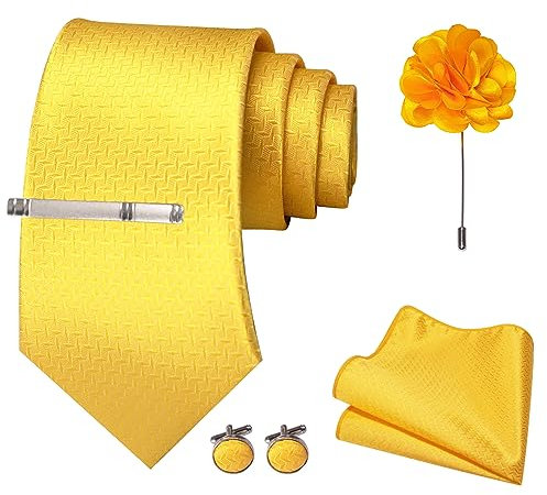 JEMYGINS Herren gestreifte bestickte Hochzeits Krawatte mit passendem Einstecktuch und Krawattenklammer Set,Goldgelbes Ziegel-Muster, leuchtend gelbe Blume