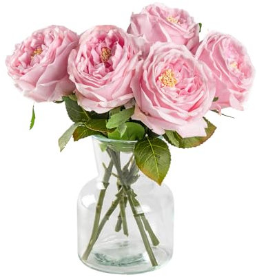 DuHouse 5Pcs Real Touch Silk Roses Fake Pink Roses with Stems Artificial Flowers for Arrangement Wedding Party Home Decoration