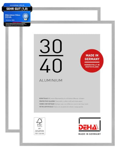 DEHA Design Aluminium Bilderrahmen Tribeca, 30 x 40 cm 2er Set, Silber | Aluminium Fotorahmen im Hoch- & Querformat zum Aufhängen Silber gebürstet bruchsicheres Kunstglas
