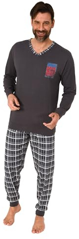 Normann Herren Langarm Schlafanzug mit Bündchen und Karierter Jersey Hose