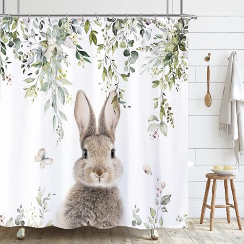Laifzere Osterhasen-Duschvorhang, niedlich, grüne Blätter, Duschvorhang für Badezimmer, Eukalyptus, Urlaub, Frühling, Stoff, wasserdicht, Duschvorhang für Badewanne, Dekoration, 183 x 183 cm, mit
