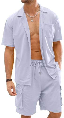 Fastkoala Homme Ensemble Sets Ete Tenues Survêtement Costumes Plage Vacances Bouton Lapel Chemises et Shorts 2 Pcs Gris XXL