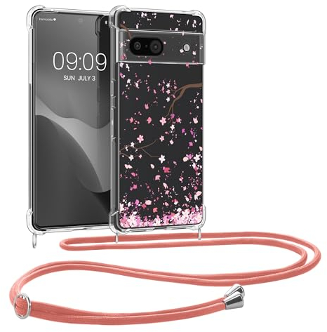 kwmobile Coque Collier Compatible avec Google Pixel 8a Coque - Housse en Silicone avec Cordon de Collier - Rose Clair-Brun foncé-Transparent
