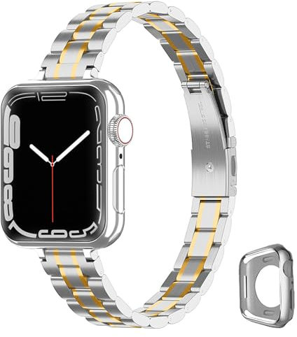 CSJCUBIC Cinturino compatibile con Apple Watch Cinturino 9 8 7 6 5 4 3 2 1 Serie SE per donna, cinturino di ricambio sottile e in acciaio inox per iWatch 38mm 40mm 41mm Apple Watch band, Oro/Argento