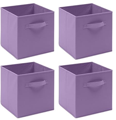 Homullel Foldable Storage Cube Boxes Set of 4, Storage Unit Box with Handle/Eyelet, Collapsible Storage Bins Organiser for Shelf Closet Organization (With Handle, Light Purple)
