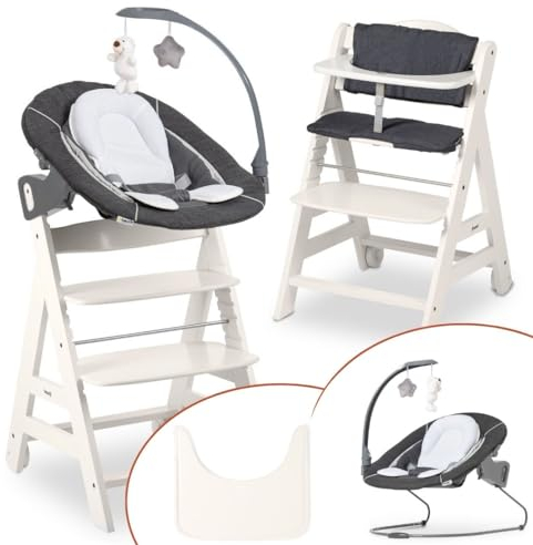 hauck Hochstuhl Beta+ Newborn Set Deluxe - Babyhochstuhl Set ab Geburt mit Neugeborenen Aufsatz Bouncer, Sitzpolster und Essbrett - Weiß