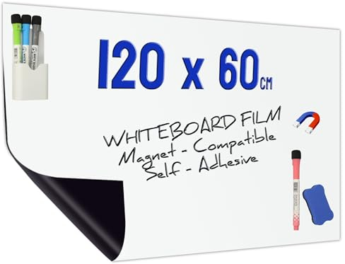 Minadax Whiteboard Folie 120 x 60cm | Magnet Haftend | Zuschneidbar + Stifte mit Halter + Wischer