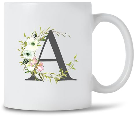 Seriously Frank Personalised Floral Initial Coffee Mug, Grey Text, A-Z Letters of The Alphabet Decorated with Flowers (Initial A)