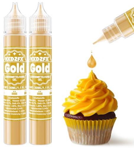 Lebensmittelfarbe Gel - HXDZFX 2×30ml Lebensmittelfarbe, Hochkonzentriertes non-Zucker Food Coloring für Tortendeko, Fondant Weiss, Macarons, Torte, Backen, Osterei, Slime (Gold)