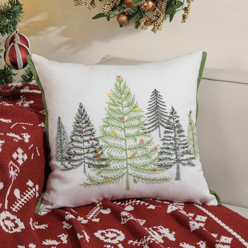 Lewondr Weihnachten Kissenbezug, 1 PCS 45 x 45CM Weihnachtsbaum Stickerei werfen Kissen Hülle Luxus Leinwand Lendenkissen Abdeckung dekorative Kissenbezüge für Bett Home Decor Wohnzimmer