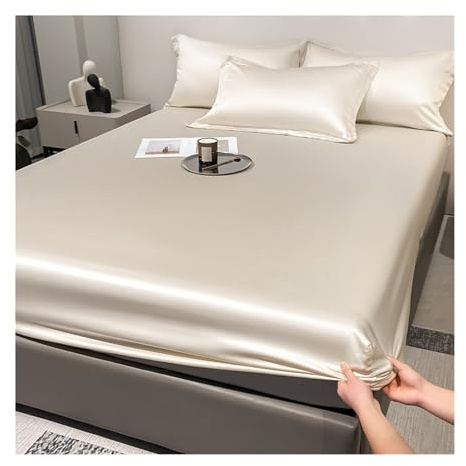 RUZGAR Tencel Spannbettlaken 120x200cm 150x200cm 180x200cm Sommerlich Kühles Tencel Spannbetttuch Weich Seidig Hotel-Luxusqualität Bettlaken 25cm Tiefe(Beige,150x200cm+48x74cm x2)