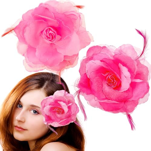 2PCS Rose Red Flower Feather Fascinators 3 in 1 Rose Hair Clip,Headdress Feather Mesh Hair Accessories Faux Flowers Head Flowers Retro Flower Ribbons Feathers On A Headband Wedding Prom Women Girls