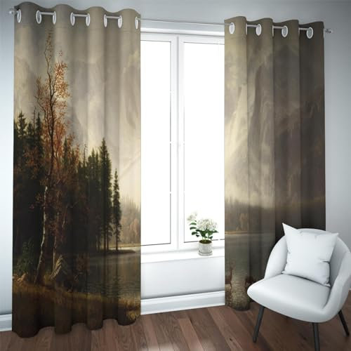 CHERHERART Waldsee Hirsch Fenstervorhänge 2 Stück berühmte Gemälde Bauernhaus Naturlandschaft Tülle Fenstervorhänge für Apartmenthotel 2xB132xH160