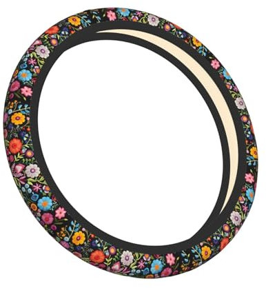 Mexpekil Lenkradbezug mit Blumen-Stickerei, 38,1 cm, Autolenkradbezug, Auto-Lenkradschutz, Universelle Passform, Schwarz