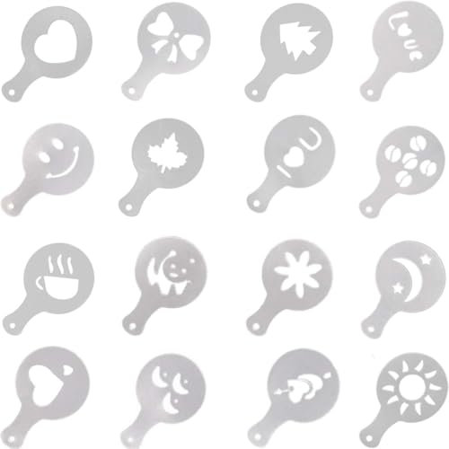 WeddHuis 16pcs Cappuccino Schablonen Puderzuckerstreuer Edelstahl Kakaostreuer Pulverstreuer Kaffee Schokoladenstreuer für Cappuccino Kaffee Milchschaum Heiße Schokolade Brotdekoration