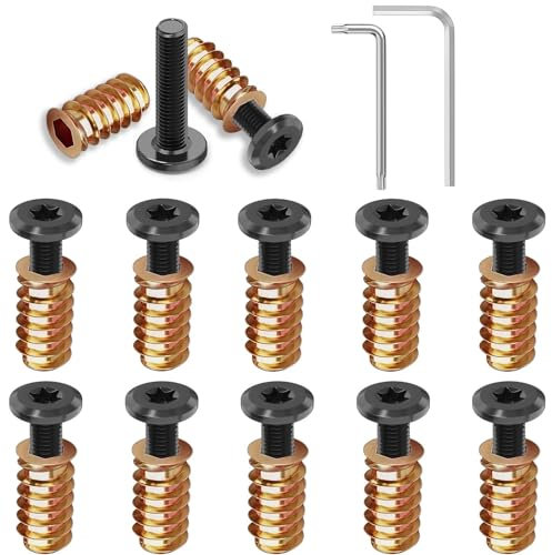 Dayalo Lot de 10 vis à tête plate et écrou à visser - Insert fileté pour bois - Vis noires en acier inoxydable - M8 x 25 et M8 x 25 mm - Écrous filetés pour meubles en bois - Avec 2 clés